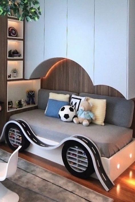 Race Car Inspired Bedroom with Cloud-Shaped Cabinets Children's Bedroom Ideas, Kids Room Interior Design, Kids Bedroom Inspiration, Kids Bedroom Designs, Kids Bedroom Design, Kids Interior Room, Toddler Rooms, Baby Room Design, Toddler Bedrooms