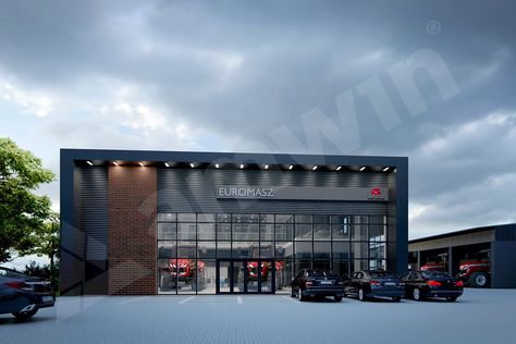 Modern Car Showroom Design Exterior, Warehouse Facade Industrial, Industrial Factory Facade Design, Car Showroom Exterior, Car Showroom Design Exterior, Modern Warehouse Design Exterior, Industrial Facade Design, Factory Design Exterior, Modern Warehouse Design