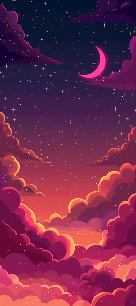 Dive into a fantastical night with our ‘Starry Fantasy Night’ wallpaper. Designed in a charming cartoon vector illustration style, this scene features a pink, red, and purple sky, adorned with a crescent moon and twinkling stars peeking through the clouds. The gradient colors of pink and orange evoke a warm, dreamy atmosphere, perfect for those who love a touch of fantasy and warmth on their devices. This vibrant and dreamy night scene is sure to add a splash of color and imagination to your mobile experience. #FantasyNightSky #CrescentMoonWallpaper #WarmGradientBackground #DreamyIllustration Red And Purple Aesthetic Wallpaper, Pink Night Sky, Sunset Night Sky, Night Sky Drawing, Fantasy Night, Starry Night Wallpaper, Dreamy Night, Dreamy Atmosphere, Soft Things