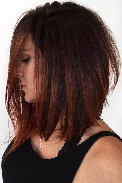 Red Highlights In Brown Hair, Medium Bob, Stacked Bob Haircut, Red Brown Hair, Long Bob Haircuts, Medium Long Hair, Long Bob Hairstyles, Ombre Hair Color, Fall Hair Color