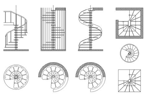 Spiral staircase elevation designs, Staircase design and elevation dwg file,various types of staircase details, elevation design, top view and side elevation details Drawing Spiral Staircase, How To Draw Spiral Staircase, Spiral Staircase Floor Plan, Spiral Staircase Section, Staircase Design Plan, Staircase Floor Plan, Spiral Staircase Drawing, Staircase Elevation, Spiral Architecture