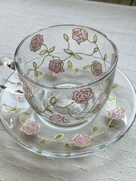 Glass Mug Painting Ideas, Glass Cup Painting Ideas, Crockery Design, Painting Glass Jars, Bottle Drawing, Tea Cup Collection, Antique Aesthetic, Painted Pots Diy, Glass Painting Designs