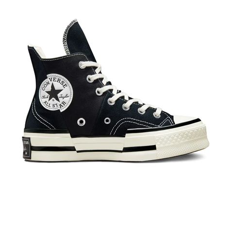 hot Black High-top Chunky Sneakers With Studded Outsoles, Converse Chuck 70 Plus, Chuck 70 Plus, Black Platform Converse, Black Leather Converse High-top Sneakers, Black Converse High-top Cotton Sneakers, Black Chucks, Unconventional Design, Platform Converse