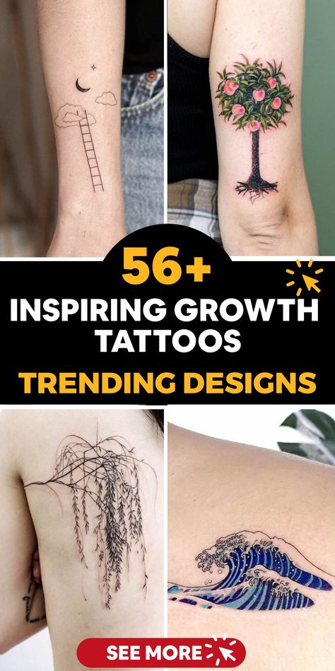 Embark on a journey of growth with meaningful tattoos that signify resilience, progress, and personal development. These designs serve as a reflection of your inner fortitude and the beauty of triumphing over challenges to reach your true potential. Whether you opt for a flourishing plant, an ascendant bird, or an impactful quote, each tattoo becomes a symbol of your dedication to evolving and empowering yourself continuously. Gen X Tattoo Ideas, X Tattoo Ideas, Growth Tattoos, Nature Lover Tattoo, Reflection Tattoo, Phoenix Back Tattoo, Growing And Glowing, Sunrise Tattoo, Blade Tattoo