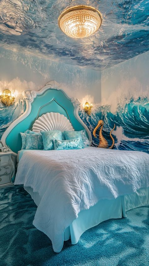 Mermaid-themed bedroom with turquoise bed, seashell headboard, wave mural, seahorse lamps, and starfish pillows. Mermaid Bedroom Ideas For Women, Diy Mermaid Room Decor, Underwater Bedroom Theme, Under The Sea Bedroom Ideas, Disney Room Ideas For Adults, Sea Bedroom Ideas, Waves Mural, Mermaid Room Ideas, Ocean Bedroom Ideas