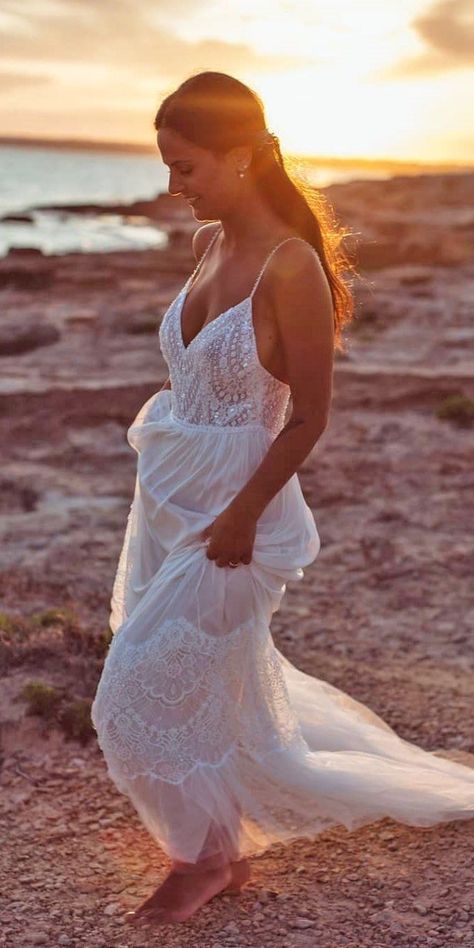 51 Best Beach Wedding Dresses For Seaside Ceremony ❤  beach wedding dresses a line with spaghetti straps bohemian selia photography #weddingforward #wedding #bride Beach Wedding Over 40, Simple Wedding Dress Beach Boho, Beach Wedding Dress Mexico, Beach Wedding Dress For Big Bust, Wedding Beach Dress The Bride, Beach Wedding Boho Dress, Beach Wedding Vow Renewal Dress, Beach Ceremony Dress, Hawaii Wedding Dress Beach Simple