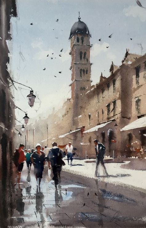 Painting References, Watercolor City, Watercolor Architecture, Umbrella Art, People Walking, Watercolor Painting Techniques, 수채화 그림, Watercolor Landscape Paintings, Watercolor Artists