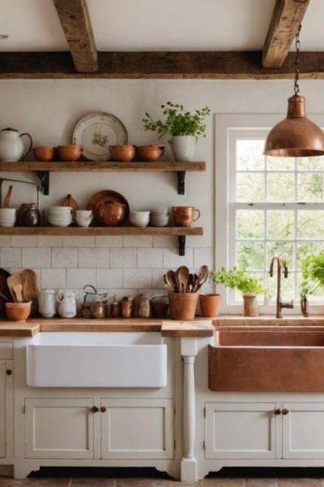 Rustic kitchen with wooden shelves holding pottery, a farmhouse sink, copper accessories, and herbs by a window. French Farmhouse Kitchen Backsplash, Organic Modern French Country, French Modern Kitchen Design, French Cottage Kitchens Inspiration, Kitchen Brick Floor, Rustic Open Shelving Kitchen, French Oak Kitchen, French Kitchen Ideas, Styling Open Shelves In Kitchen