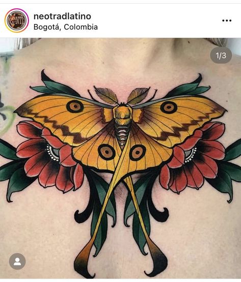 Moth And Flower Tattoo Color, Tattoo Rug, Best Feminine Tattoos, Lunar Moth Tattoo, Traditional Moth Tattoo, Luna Moth Tattoo, Moth Tattoos, Moth Tattoo Design, Side Neck Tattoo