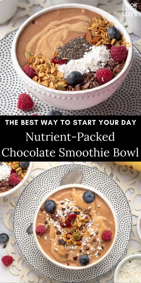 Start your day with this deliciously creamy and wholesome Chocolate Smoothie Bowl! It’s a healthy breakfast idea packed with nutrients, thanks to creamy frozen bananas, cacao, and almond butter. Ready in just 10 minutes, this plant-based smoothie bowl is perfect for a quick, nourishing breakfast that tastes like a chocolatey treat. Top with your favorite fruits, nuts, and seeds for extra texture and flavor. #breakfastbowl #healthybreakfast Peanutbutter Smoothie Bowl, Cookie Butter Smoothie Bowl, Nourish Breakfast Bowl, Plant Based Bowls Healthy, Chocolate Protein Smoothie Bowl, Healthy Breakfast Smoothie Bowls, Frozen Fruit Smoothie Bowl, Smoothly Bowls, Smoothie Bowl Kids