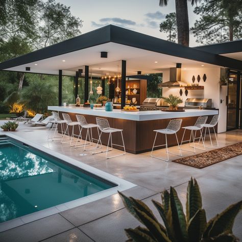 Phoenix Backyard BBQs: Ultimate Outdoor Kitchen Ideas - Unique Design Blog Mid Century Outdoor Kitchen, Mid Century Modern Outdoor Kitchen, Villa Backyard, Phoenix Backyard, Mid Century Outdoor, Mid Century Modern Outdoor, Outdoor Kitchen Design Modern, Tropical Outdoor, Modern Outdoor Kitchen