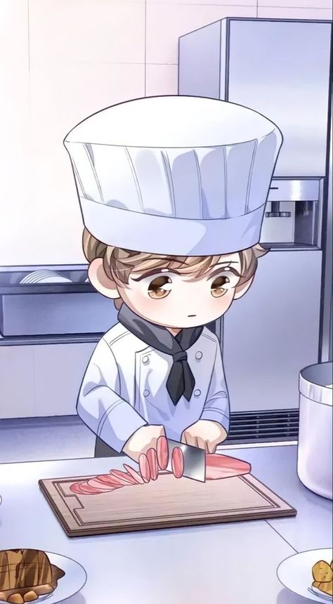 Chibi Cooking Pose, Anime Chef Guy, Chibi Cooking, Anime Chef, Campfire Drawing, Mini Manga, Chibi Food, Boy Sketch