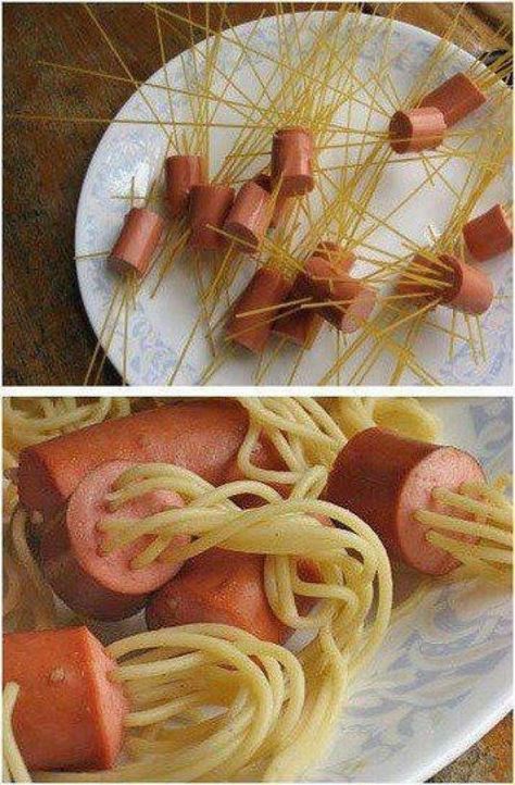 spaghetti thru vienna sausages Pictures Of Food, Resep Pasta, God Mat, Halloween Food For Party, Fun Kids Food, Kids Snacks, Kid Friendly Meals, Creative Food, Food Items