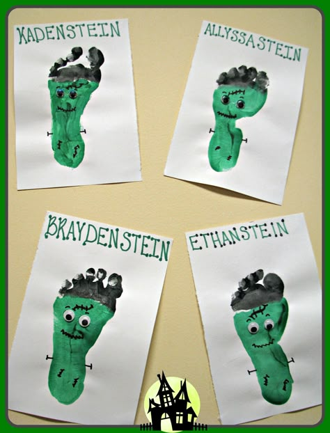 Frankenstein Footprint Halloween Preschool Crafts Easy, Halloween Infant Activities, Halloween Art Infants, Frankenstein Crafts For Toddlers, Frankenstein Footprint Art, Halloween Nicu Crafts, Footprint Frankenstein, Frankenstein Feet Craft, Frankenstein Crafts For Kids