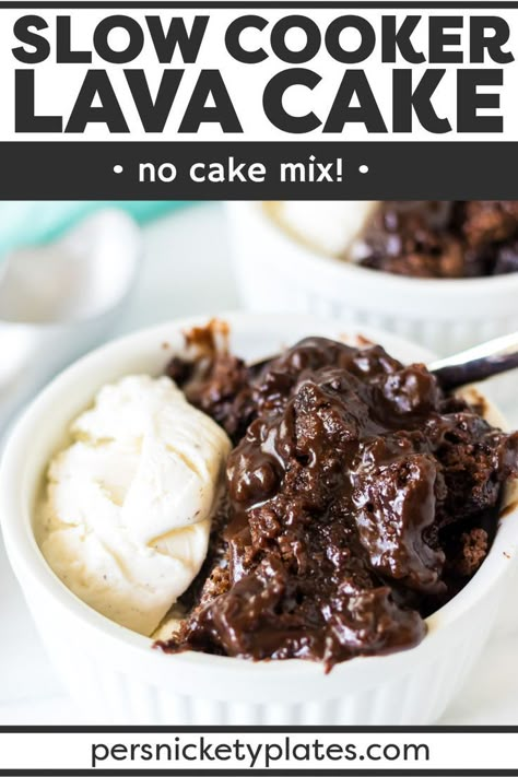 Crock Pot Molten Lava Cake, Hot Lava Cake Recipes, Crock Pot Lava Cake Recipe, Molten Chocolate Lava Cake Crock Pot, Chocolate Cake Crockpot, Crock Pot Lava Cake, Hot Lava Cake, Crock Pot Chocolate Lava Cake, Chocolate Lava Cake In Crock Pot