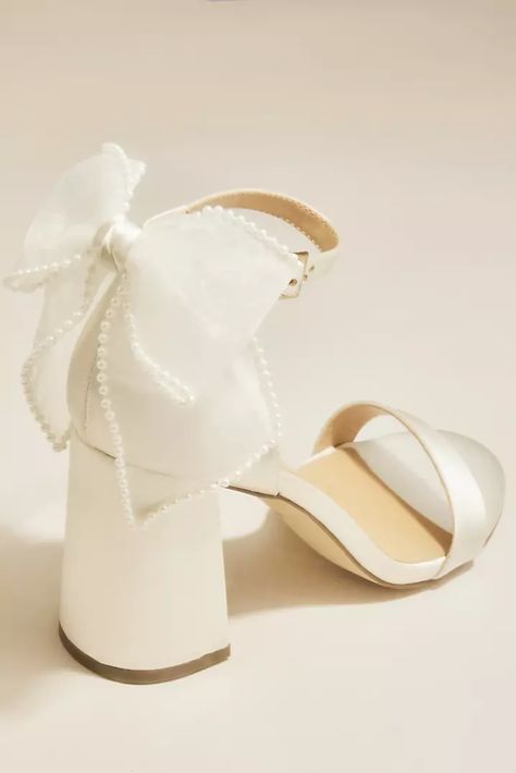 Tulle Pearl Bow Block Heels | David's Bridal Bachelorette Inspo, Pearl Heels, White Block Heels, Pearl Bow, Fame Dr, Bow Heels, Bow Shoes, Bridal Look, Book An Appointment