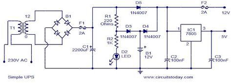 This the circuit diagram of a simple UPS that can deliver 12V unregulated and 5V regulated DC. The transformer T1 steps down the mains voltage to 12V AC and then the bridge B1 rectifies it. The rectified signal is smoothed by the capacitor Circuit Drawing, Function Generator, Dc Circuit, Uninterruptible Power Supply, Power Supply Circuit, Electrical Circuit Diagram, Simple Circuit, Electronics Basics, Electronic Schematics