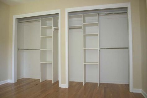 side-by-side closet layout                                                                                                                                                      More Wall Closet Designs Layout, Side By Side Closet Remodel, Side By Side Closet Doors, Double Closet Doors, Double Closet, Bedroom Closet Doors, Guest Bedroom Remodel, Kids Bedroom Remodel, Small Bedroom Remodel