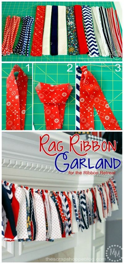 4th of July Rag Ribbon Garland from @Michele {The Scrap Shoppe} for @The Ribbon Retreat - sooooo cute and easy to make! Deco Champetre, Rag Garland, Ribbon Garland, Fabric Garland, Fourth Of July Decor, Patriotic Crafts, 4th Of July Decorations, Patriotic Holidays, July Crafts