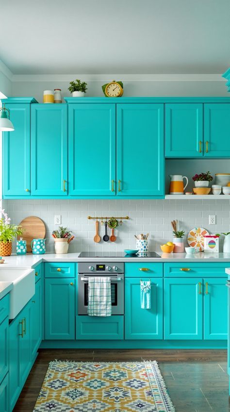 Unicorn Spit Kitchen Cabinets, Multi Color Kitchen Cabinets, Bright Kitchen Ideas Colorful, Kitchen Counter Decorations, Trending Cabinet Colors, Turquoise Kitchen Cabinets, Teal Kitchen Cabinets, Bright Color Decor, Colorful Kitchen Ideas