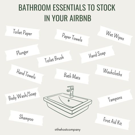 Airbnb Stocking List, Airbnb Shopping List, Airbnb List Of Items, Airbnb Host Aesthetic, Airbnb Bathroom Essentials, Air Bnb Bathroom, Air Bnb Ideas Decor, Bathroom Essentials Checklist, Superhost Airbnb