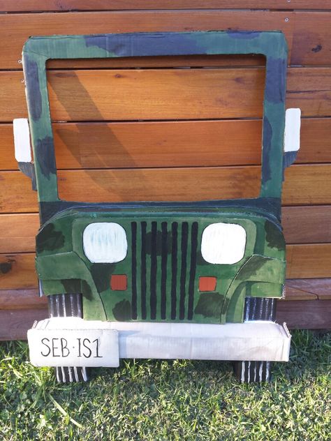 Jeep photo prop Jungle party Diy Jeep Cutout, Cardboard Jeep Photo Prop, Jeep Birthday Party, Cardboard Jeep, Birthday Jungle Theme, Jeep Birthday, Jungle Theme Decorations, Safari Party Decorations, Diy Jeep