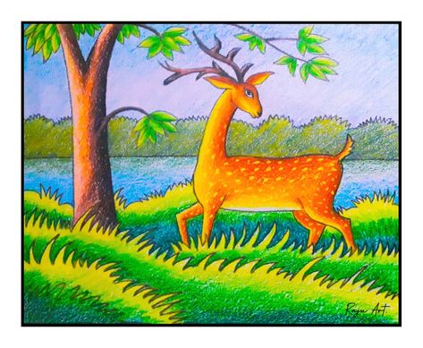 The Deer Deer Scenery Drawing, Oil Pastel Animal Drawings, Tux Paint, Christmas Drawings For Kids, Scenery Drawing For Kids, Village Scenery, Memory Drawing, Poster Rangoli, Child Painting