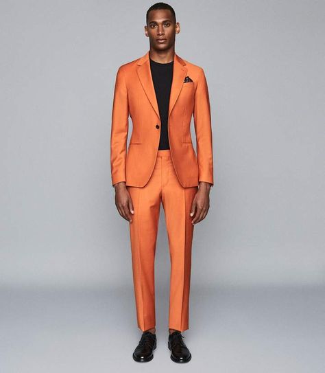 Reiss MASK WOOL SINGLE BREASTED SUIT Burnt Orange Burnt Orange Suit, Orange Blazer Outfits, Single Breasted Suit, Formal Wedding Attire, Orange Suit, Spring Formal, Orange Blazer, Monochromatic Outfit, Black Shoes Heels