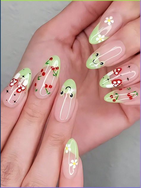 Summer Nails 2024 For Kids, Frog And Strawberry Nails, Cute Animal Nail Designs, Short Almond Nails Designs Summer, Graphic Design Nails, Colorful Nails For Summer, Summer Oval Nails, Cute Nails Summer, Graphic Nails