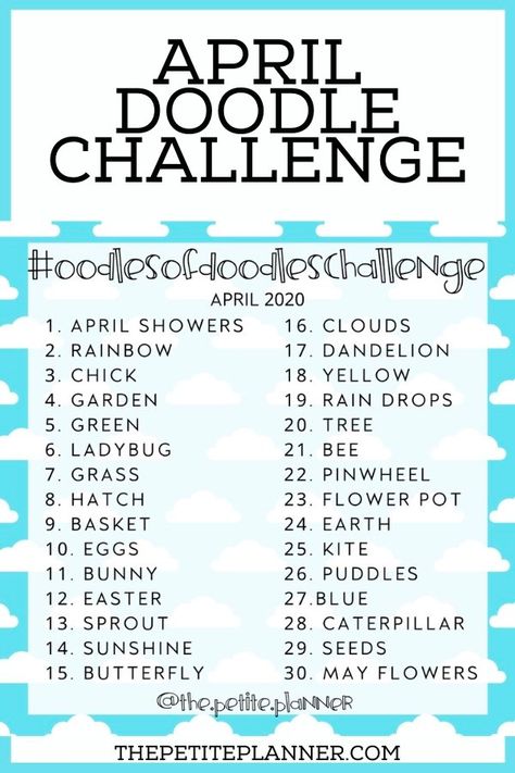 April Doodle Challenge 2020 (with Printable) ⋆ The Petite Planner Doodle Challenge, 30 Day Art Challenge, Doodle Page, Doodle A Day, Art Journal Challenge, High School Art Lesson Plans, 30 Day Drawing Challenge, April Art, Drawing Challenges