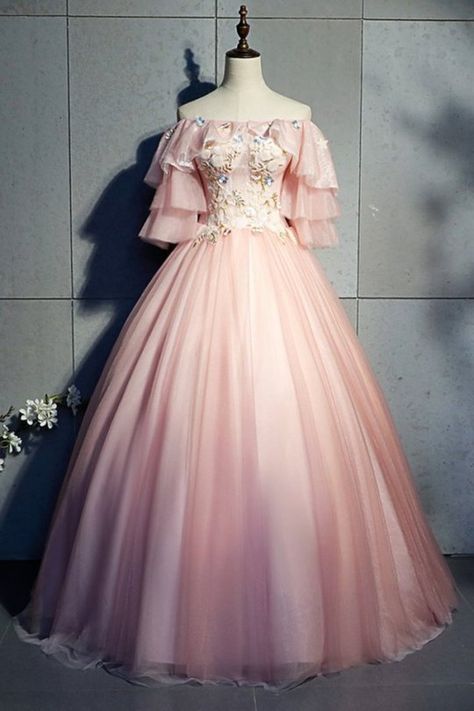 Prom Dress Short Sleeve, Quincenera Dresses, Prom Dress Short, Gaun Abad Pertengahan, 파티 드레스, Quinceanera Dress, Tulle Ball Gown, Fairytale Dress, Pink Tulle