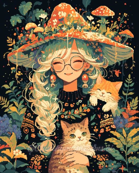 ✨🍄 Cottage Core Character Design, Fall Discord Pfp, Portrait Composition Ideas, Plant Background Drawing, Autumn Witch Art, Autumn Pixel Art, Cute Witch Illustration, Micah Core, Autumn Character