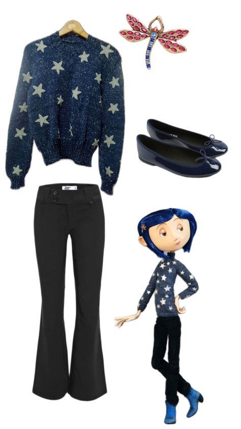 Navy star sweater. Coraline Inspired Outift. Halloween Inspo Coraline Outfit Inspiration, Diy Coraline Costume, Coraline Outfit Ideas, Coraline Clothes, Coraline Inspired Outfit, Coraline Style, Coraline Outfit, Coraline Cosplay, Tim Burton Party