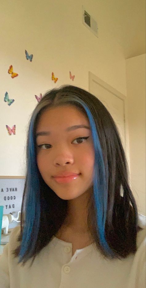 Front Two Strands Hair Dye, Two Front Strands Of Hair Dyed Blue, Blue Strands Hair, Two Front Strands Of Hair Dyed, Dyed Hair Front Strands Only, Blue Hair Strands, Blue Strands In Hair, Front Strands Of Hair Dyed, Egirl Hair Dye