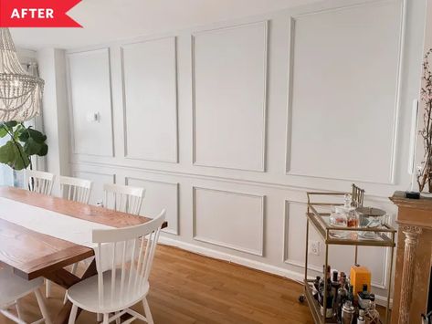 $250 DIY Picture Frame Moulding in Dining Room | Apartment Therapy Renter Friendly Chair Rail, Picture Frame Molding Dining Room, Chair Rail Dining Room, Wall Molding Design, Picture Frame Moulding, Molding Design, Picture Molding, Frame Molding, Apartment Dining Room