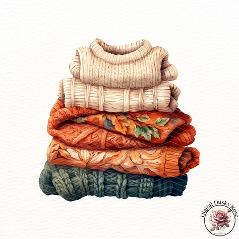 Fall Watercolor Clipart, Drawtober 2024, Sweater Illustration, Sweater Clipart, Haunted House Drawing, Cozy Autumn Aesthetic, Stickers For Journaling, Clothes Stickers, Leaf Collage