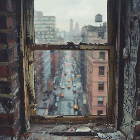 Urban Window View: A view of a #bustling city #street captured from the #timeworn frame of a #neglected #window. #urban #window #view #city #street #aiart #aiphoto #stockcake ⬇️ Download and 📝 Prompt 👉 https://stockcake.com/i/urban-window-view_635476_467617 City Outside Window, Window View City, Peeling Wallpaper, Dynamic Architecture, Window Photography, Photo Window, Green Scenery, Summer Trees, Urban Architecture