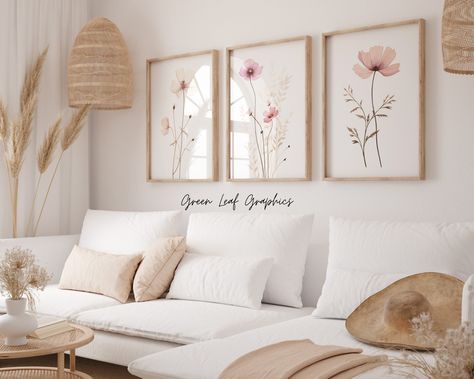 Pressed Flower Art Bundle, Boho Floral Digital Prints, Pink Botanical Wall Art, Neutral Flower Illustration Set, Instant Download Decor by GreenLeafGraphicsUS on Etsy Floral Panel Wall, Pink Botanical, Simple Living Room Decor, Prints Pink, Wall Art Neutral, Pink Palette, Nature Inspired Decor, Pressed Flower Art, Wall Vase