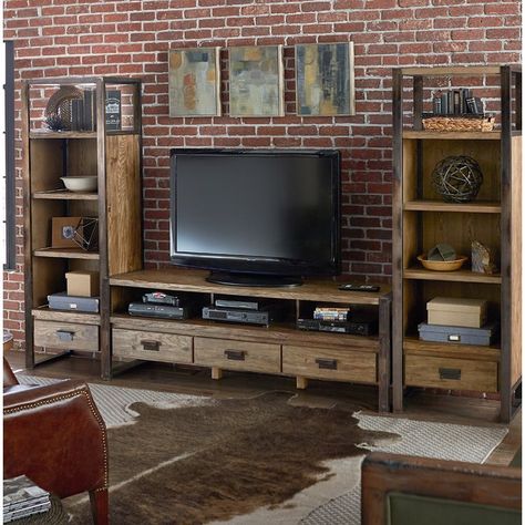 Wall Rack Design, Den Makeover, Industrial Basement, Wood Entertainment Center, Tv Stand Decor, Tv Unit Interior Design, Living Room Entertainment Center, Tv Storage, Cool Tv Stands