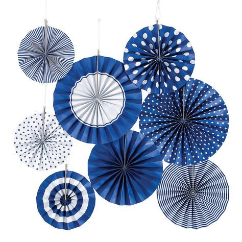 Cobalt Blue Hanging Paper Fan Assortment - OrientalTrading.com Red Decorations, Patriotic Decorations Party, Denim And Pearls, Banquet Decor, Blue Party Decorations, Paper Fan, Denim And Diamonds, Blue Themed Wedding, Nautical Baby Shower