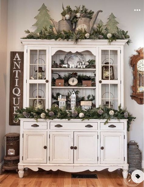 How To Decorate A Hutch, Christmas Hutch Decor, China Cabinet Decor, Christmas Dining Table Decorations, Farmhouse China Cabinet, Wooden Chargers, Hutch Styling, Dining Table Decorations, Plaid Napkins