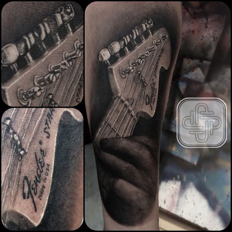 Guitar #fender #tattoo #music #jptattoos #blackandgrey Fender Tattoo, Guitar Fender, Tattoo Music, Body Is A Temple, Skin Art, Cool Tattoos, Dog Tag Necklace, Black And Grey, Guitar