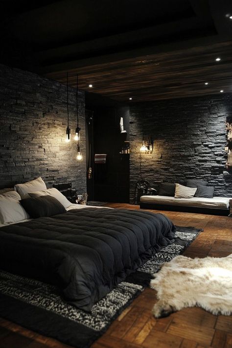 Dark Cozy Bedroom Ideas For Men Luxury Black Bedroom Design, Dark House Interior Design, Luxury Black Bedroom, Dark House Interior, Homey Bedroom, Dark Cozy Bedroom Ideas, Dark Modern Bedroom, Cool Bedroom Ideas, Dark Bedroom Aesthetic