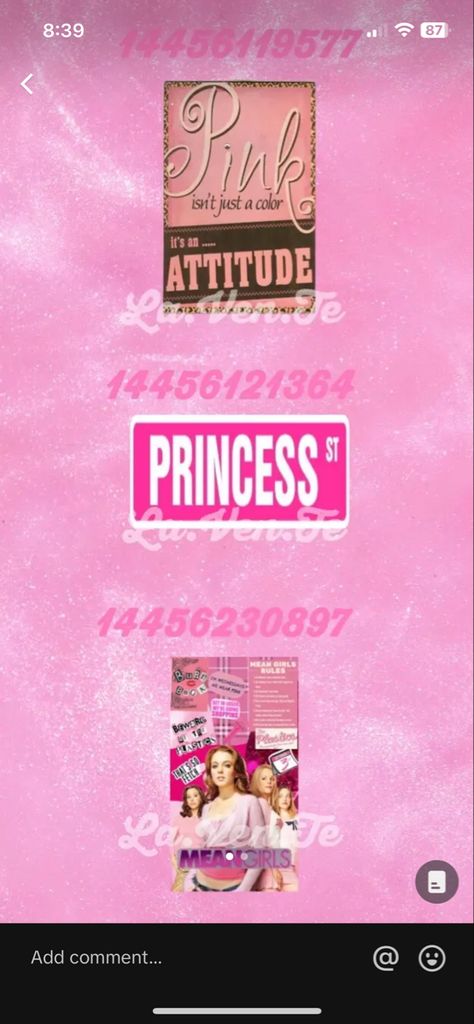 Bloxburg Custom Decorations, 2000s Bloxburg Poster Codes, Bloxburg Nicki Minaj Poster Codes, Bloxburg 2000s Room, Y2k Bedroom Bloxburg, Barbie Decal Codes Bloxburg, Bloxburg House Ideas Y2k, Y2k Room Bloxburg, Princess Berry Ave Codes