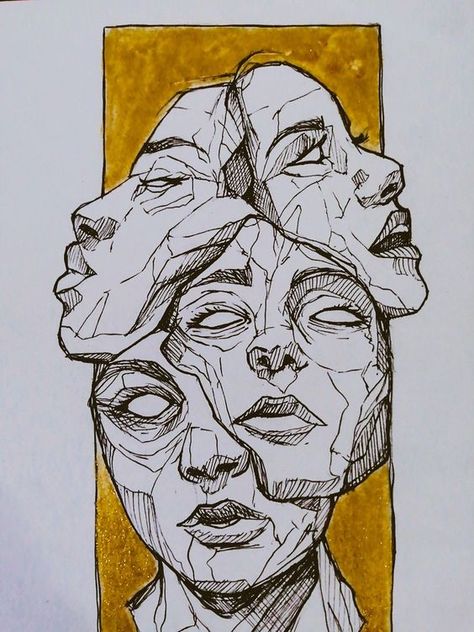 Face With Mask Drawing, Stretching Face Drawing, Hand In Head Reference, Art Design Ideas Drawing, People Drawings Aesthetic, Distorted Portrait Art, Crazy Woman Drawing, Split Personality Character Art, Drawings With Emotion