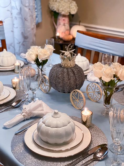 Cinderella Dinner Party, Cinderella Tablescape, Cinderella Table Decorations, Cinderella Dinner, Cinderella Tea Party, Cinderella Party Ideas, Silver Votive Candles, Ice Blue Dress, Cinderella Theme