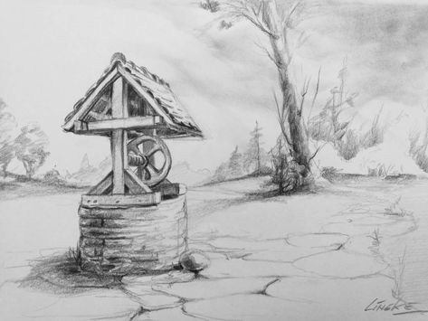 Water well pencil drawing by Lineke-Lijn on DeviantArt Water Well Tattoo, Well Drawing Easy, Water Well Drawing, Well Sketch, Water Well Illustration, Wishing Well Drawing Sketch, Well Drawing, Save Water Pencil Drawing, Hijab Drawing