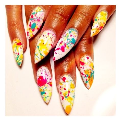 Splattered paint stiletto nails Splatter Nails, Fresh Nails, Splattered Paint, Hair And Nail Salon, Cute Toe Nails, New Nail Designs, Nail Art Ombre, Painted Nail Art, Animal Nails