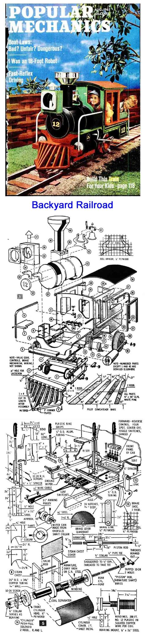 Vintage plans from Popular Mechanics. Watch the video of this train made by kmills440. Original design uses solenoid propulsion, not steam. #backyardrailroad Backyard Railroad, Trackless Train, Toy Steam Engine, Carriage House Plans, Wooden Toy Trucks, Garden Railway, Hobby Trains, Wooden Toys Plans, Backyard Camping