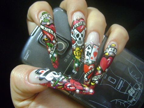 Ed Hardy Trashy Y2k Pfp, Junk Nails, Punk Nails, Exotic Nails, Really Cute Nails, Nail Swag, Bling Acrylic Nails, Heart Nails, Dream Nails